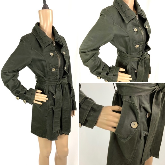 NWOT YA Los Angeles (Anthro) Army Green Ruffled Trench Coat - Picture 3 of 8